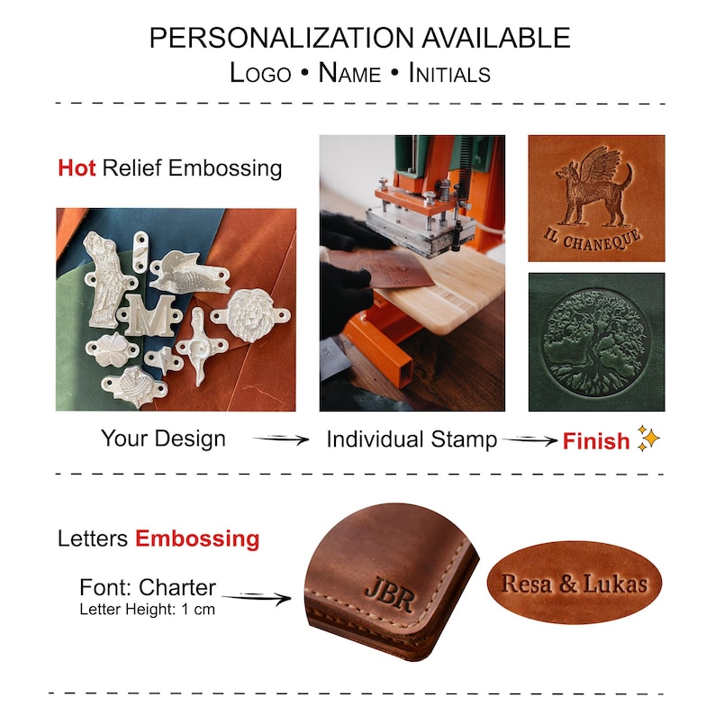 May include: A collage showing custom leather embossing services. Features include metal stamps for logos, names, and initials, a hot relief embossing machine, and examples of leather items embossed with designs like a winged dog, tree, and the text JBR and Resa & Lukas.