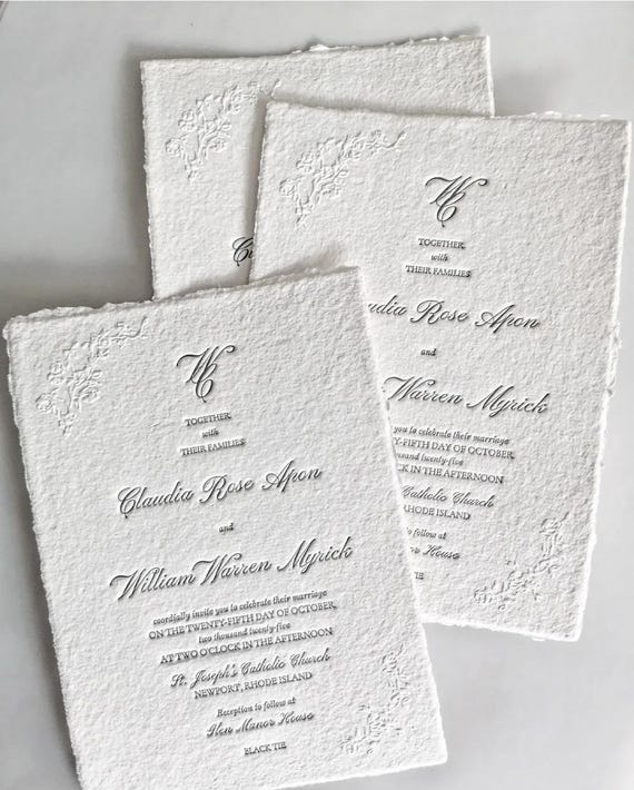 Embossed Letterpress Wedding Invitation Deckled edge Torn Handmade Paper Custom order