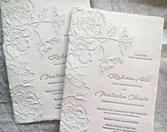 Embossed Letterpress Wedding Invitation Deckled edge Torn Handmade Paper Custom order