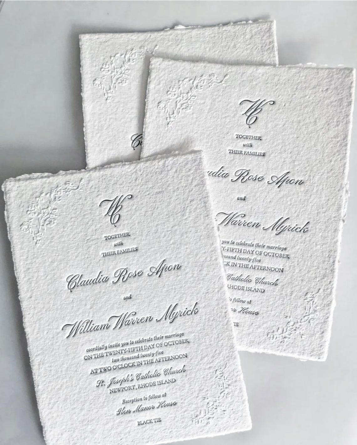 Embossed Letterpress Wedding Invitation Deckled Edge Torn Handmade ...