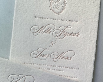 Letterpress Wedding Crest Invitation, Handmade paper, Custom Order