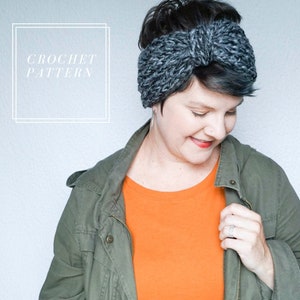 May include: A gray and black crochet headband with a knot on top. The headband is worn by a person with short, dark hair. The text "CROCHET PATTERN" is visible in the upper left corner of the image.