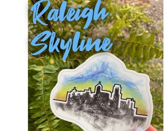Raleigh Skyline, adesivo stile graffiti, tramonto sulla città, adesivo in vinile, carolina del nord, città delle querce, paesaggio urbano, decalcomania raleigh