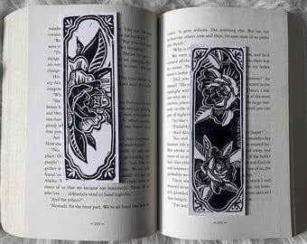 block printed peony bookmark, traditional tattoo style floral art, handmade double sided bookmark