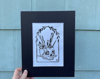 Handmade Skull Cup Art Print: Linocut Block Print, Matted 8x10