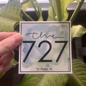 The 727, area code sticker, st petersburg, florida, hometown pride, pinellas county, fl, the sunshine city, waterproof vinyl, tampa bay