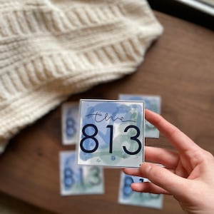 Op de afbeelding: Een set van vijf stickers met een aquarel achtergrond. De stickers hebben de tekst "the 813" in zwarte letters. De stickers zijn blauw, groen en wit.