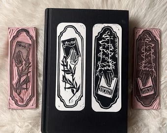 block printed enemies to lovers bookmark, handmade double sided bookmark, romance reader gift
