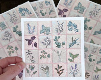 Kitchen Art Print: sprigs of herbs, checkered tiles, acrylic painting print