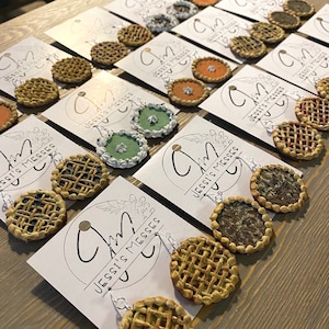 Pie Earrings, wooden painted jewelry, textured jewelry, food earrings, pumpkin pie, apple, blueberry, thanksgiving outfit, pecan, chocolate