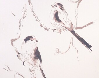 Long Tailed Tits Hand pulled Lithograph, 1 of 3 - printmaking, bird art, bird print, limited print