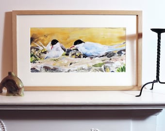 ORIGINAL framed acrylic painting on paper, arctic terns, bird art, bird painting, wildlife art, seabirds, framed art, Isle of May