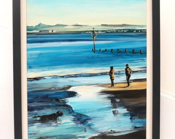 FRAMED ORIGINAL acrylic painting, seascape painting, Portobello, Edinburgh, teal blue painting, framed painting, Scottish art, coastal art