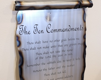 Ten Commandments Metal Scroll: Laser Etched Biblical Art