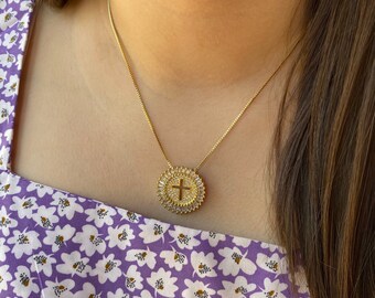 Gold Plated Cross Medallion Necklace: Zirconia Stones