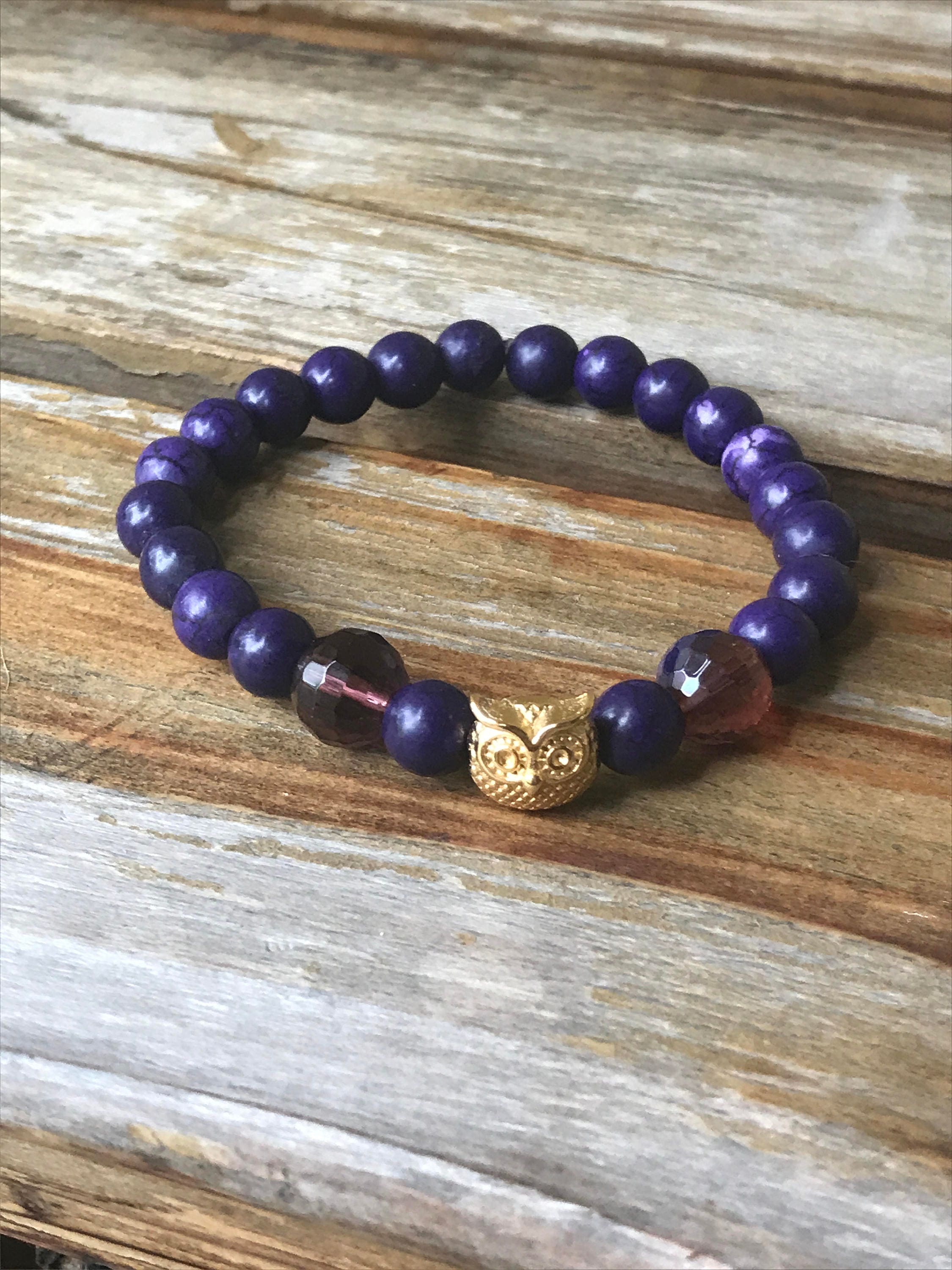 18K Gold Plated Owl Charm Bracelet: Purple Beaded Friendship Gift