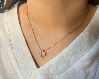 Gold Plated Cross Necklace: Zircon Medallion Pendant