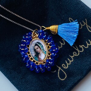 Handmade Virgen de Guadalupe Medallion: 18k Gold Plated Crystal Necklace