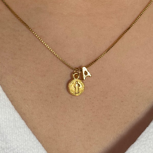 St Benedict Necklace San Benito Gold Plated, with your letter initial, Faith, Virgin Mary Faith, Protection Necklace, Christmas GIft