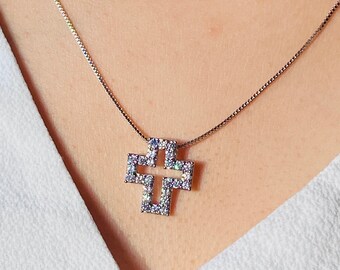 Gold Plated Zirconia Cross Necklace: Dainty Medallion Pendant