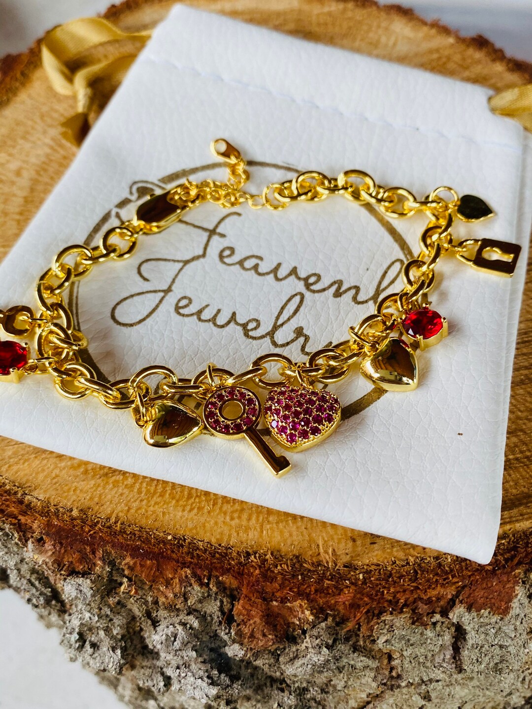 Charm Bracelet Heart Lock Key Red Charm Gold Plated With Red Etsy