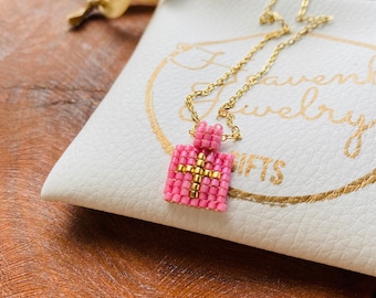 Gold cross beads Handmade, pink background excellent quality, dainty Jewelry, hypoallergenic, non-tarnish Necklace, scapular