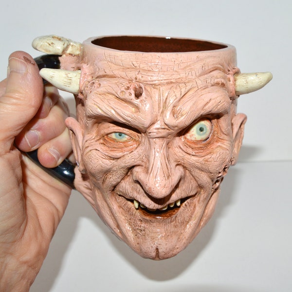 Devil Beer/Coffee Mug ONE OF A KIND. Large, aprox 18 oz. Sculpted, hand painted. Signed