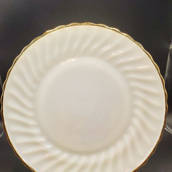 RESERVED FOR LEEANN Anchor Hocking Fire King 10" dinner plates, milk glass swirl band, gold trimmed, set of three