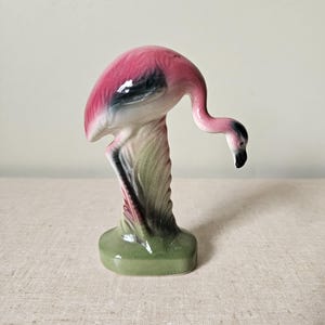 Vintage ceramic pink flamingo figurine 1960s mid century decor