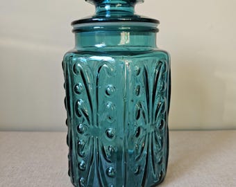 Vintage L.E. Smith teal atterbury scroll single canister, collectible glass, complete with lid, large