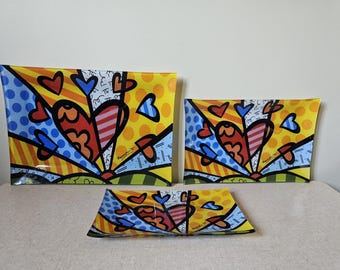 Romero Britto Glass Trinket Tray, &quot;A New Day&quot; art piece, Signed Fused Glass, South Beach, Brilliant Design