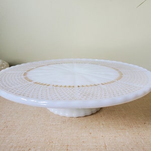 Anchor Hocking Milk glass cake stand, cake plate, pedestal plate, footed serving plate, Fleur de Lis gold accent pattern