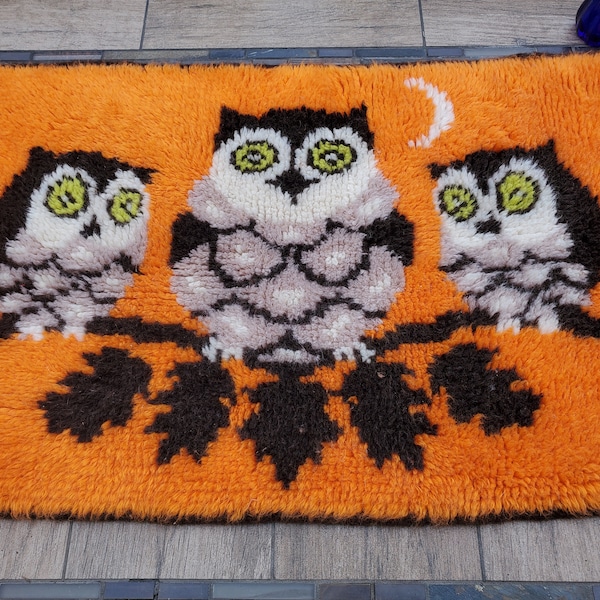 Vintage Danish Mid Century Rya Rug, 60s 70s Design, Owl and Moon Trio, Wool