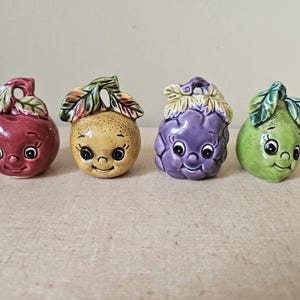 Enesco Japan Anthropomorphic Fruit Head Salt and Pepper Shakers, set of four