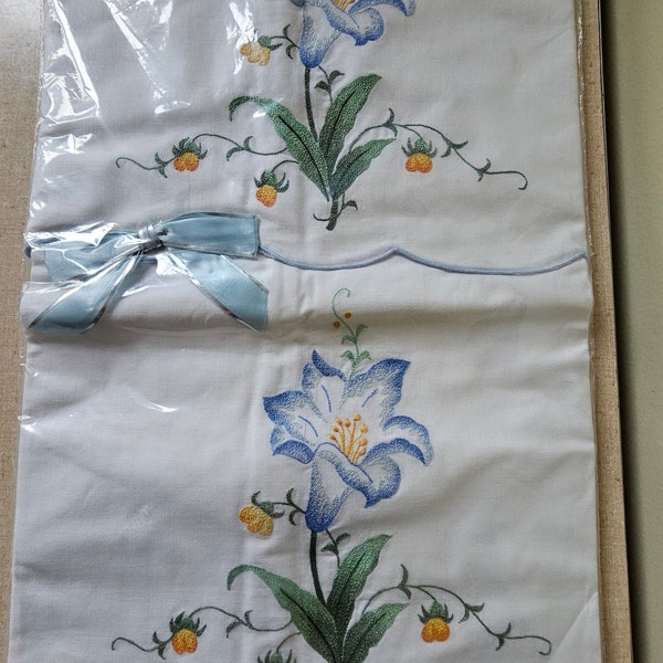 Vintage Heritage Standard Embroidered Pillowcases, rare linens, blue lily florals, romancecore