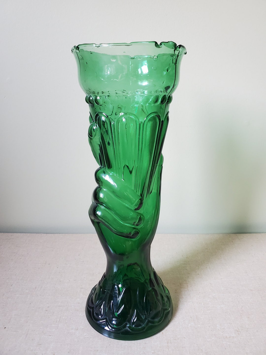Vintage Tall Glass Vase, Art Nouveau Hand and Torch Design, Emerald