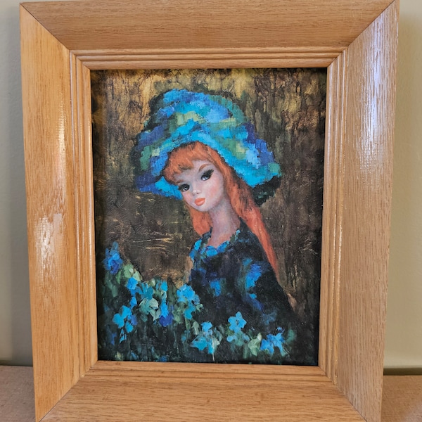 Maio Big Eyes Lithograph Harlequin Prints, Red Haired Girl with Hat, Peacock blue dress, "Serenade In Blue"