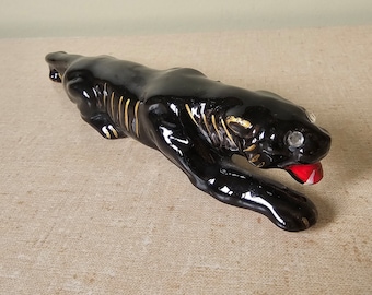 Mid Century Black Panther - Ceramic - 1960s vintage decor - Japan - Rhinestone Eyes