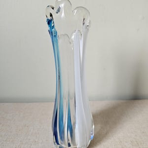 Vintage Japan Oread Swung Vase, Eight Finger Vase, Art Glass, 70s Glass, Handblown, Blue White and Clear