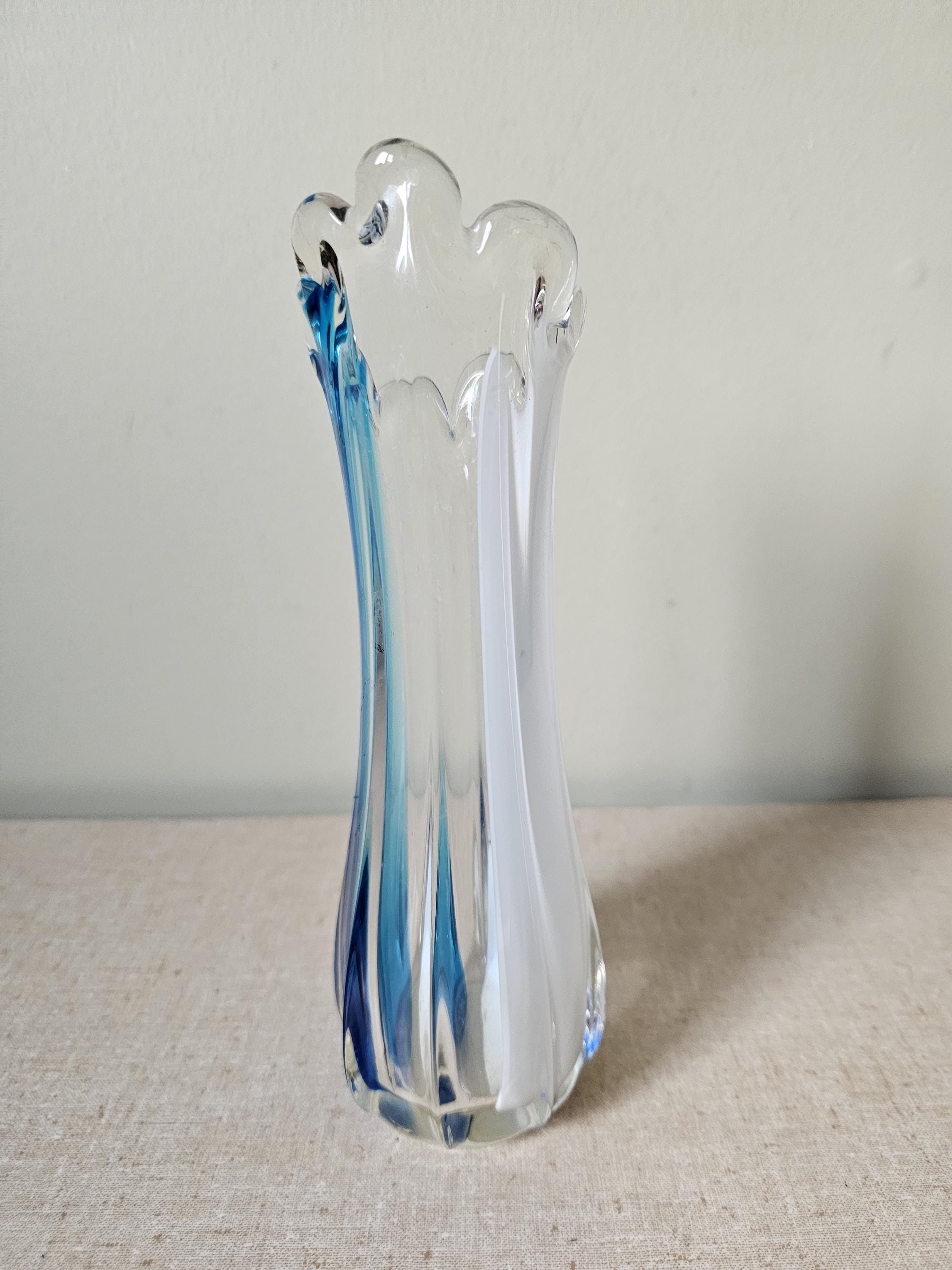 Vintage Japan Oread Swung Vase, Eight Finger Vase, Art Glass, 70s Glass, Handblown, Blue White and Clear