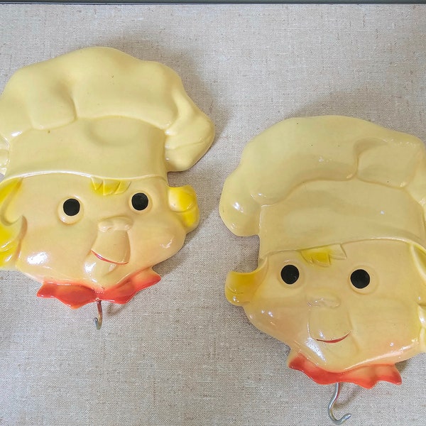 1964 Miller Studio Chalkware Chef Pair Wall Decor, Kitschy Happy Kids Kitchen Wall Hangings, Hooks for Potholders, Tea Towels, etc