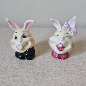 Vintage Japan Anthropomorphic Bunny Salt and Pepper Pair, Kitsch Decor, Laughing Rabbit