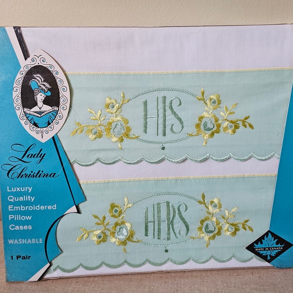 Vintage New In Box Lady Christina Standard Embroidered Pillowcases, His & Hers Pair, Soft Mint Green