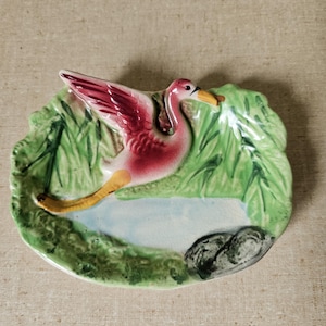 Vintage ceramic pink flamingo trinket dish, 1960s mid century decor, flying flamingo, coastal decor