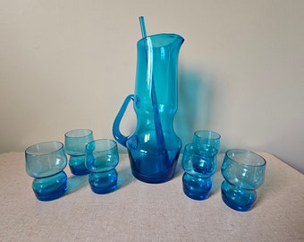 Azure Blue Scandinavian Glass Pitcher and Glasses Set, Blown Glass, Art Glass, Cocktail Set, Sunday Brunch Serving Set, Happy Hour