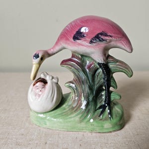 Vintage ceramic pink flamingo figurine bud vase 1950s mid century decor, flamingo rarity, flamingo stork parody