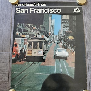 Póster de viaje vintage de San Francisco de American Airlines, años 70, tamaño mediano, aerolínea americana, artículo de colección de aviación poco común.