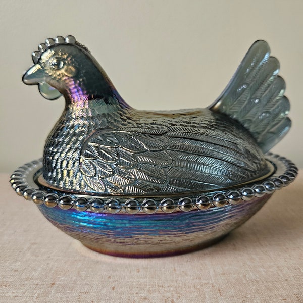 Indiana Glass Co. Hen in a Nest, Collectors Grade Glass, Harvest Blue Carnival Glass, Art Glass, Covered Dish, Nested Chicken