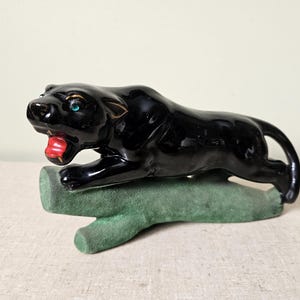 Mid Century Black Panther - Ceramic - 1960s vintage decor - Japan - Redware - Jeweled Eyes - Felted Perch