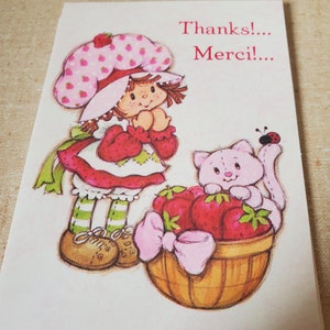 Vintage Carlton Strawberry Shortcake Thank you card, Blank Card, Bilingual French English, Set of Four